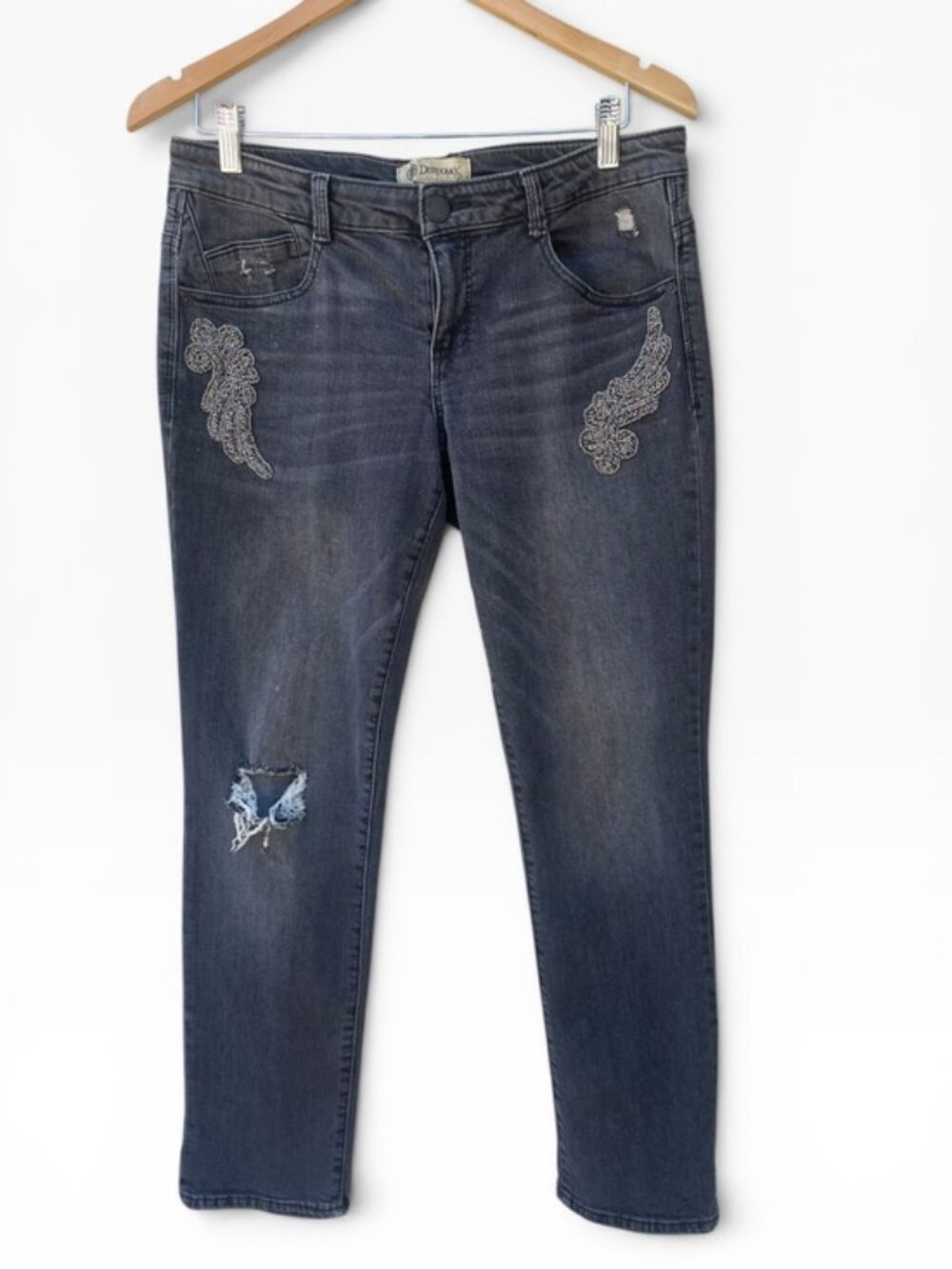 Democracy "Flex"-ellent Distressed Skinny Jeans Beaded Embellished Grey 4